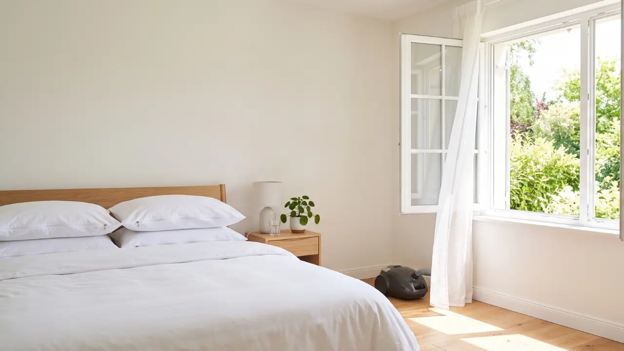 um quarto arrumado com janela aberta ventilando para como acabar com ácaros