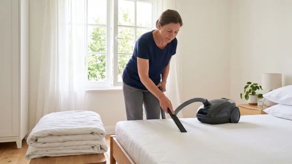 mulher no quarto com aspirador de pó fazendo como acabar com ácaros