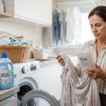 mulher lendo instruções para saber se pode lavar roupa com desinfetante