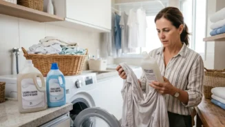 mulher lendo instruções para saber se pode lavar roupa com desinfetante
