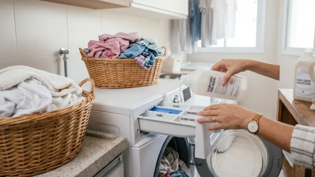 Pode lavar roupa com desinfetante? Entenda os cuidados pessoa usando desinfetante para roupas em maquina de lavar