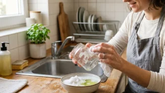 mulher limpando com um pano como tirar cola de adesivo de um frasco de vidro