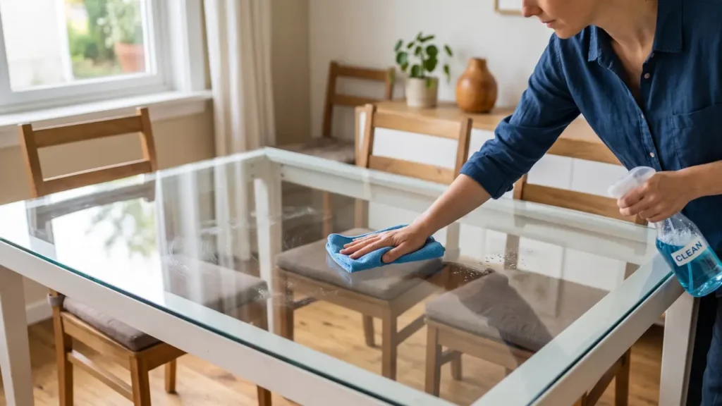 mulher limpando mesa de vidro