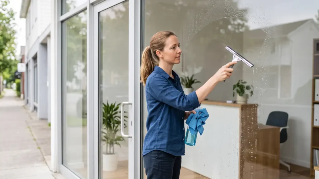 mulher limpando um vitrine de vidro