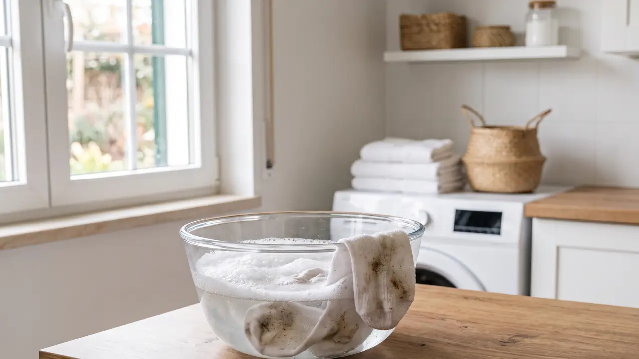 bacia com agua , sabão e como desencardir meias brancas