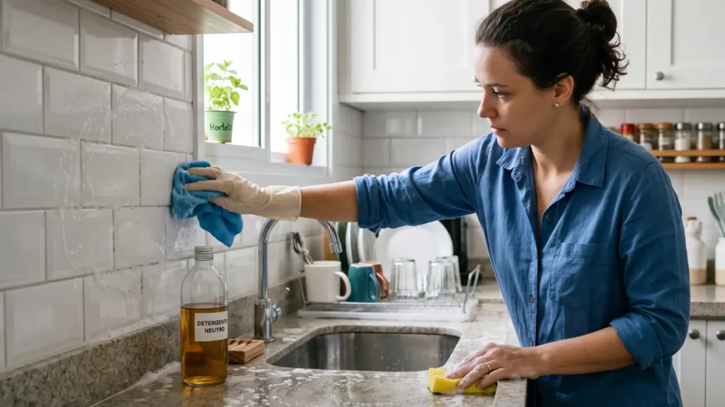 mulher lavando bancada de pia de cozinha com detergente neutro