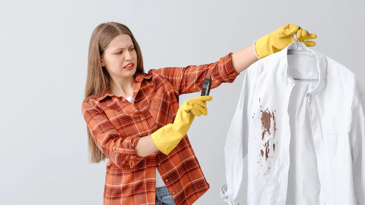 Mulher retirando ferrugem de roupa