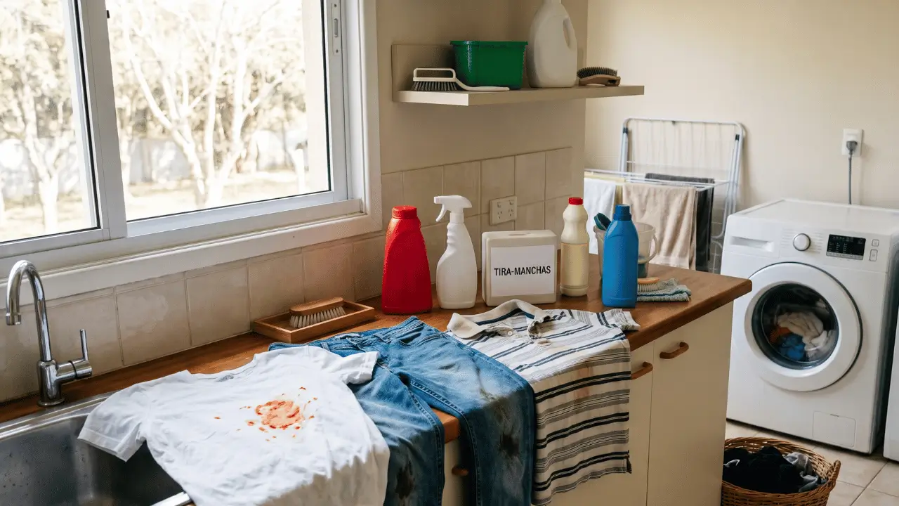 Uma bancada de uma lavanderia doméstica com roupas sujas e produtos para usar como tirar manchas de base na roupa.
