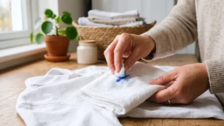 mulher com blusa branca na mão tentando como tirar mancha de caneta da roupa