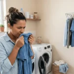 mulher cheirando roupa com cheiro ruim depois de lavada