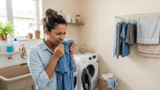 mulher cheirando roupa com cheiro ruim depois de lavada