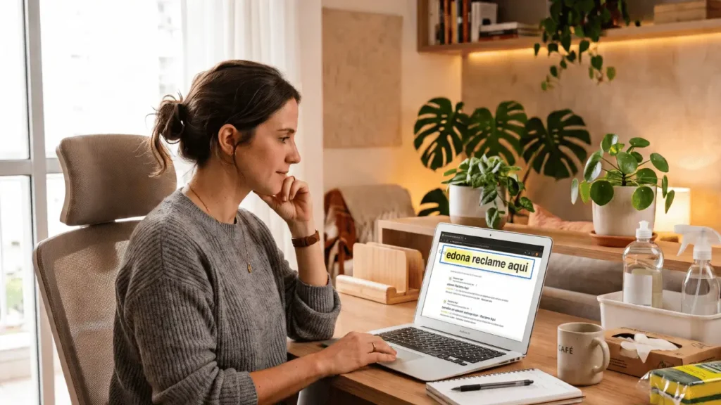 Edona Reclame Aqui: entenda por que esse reconhecimento reforça a confiança Mulher pesquisando no computador sobre e.dona reclame aqui