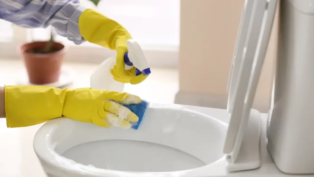 7 melhores produtos para limpar vaso sanitário e cuidar melhor do banheiro pessoa limpando vaso sanitário, usando luvas e produtos certos para a limpeza,