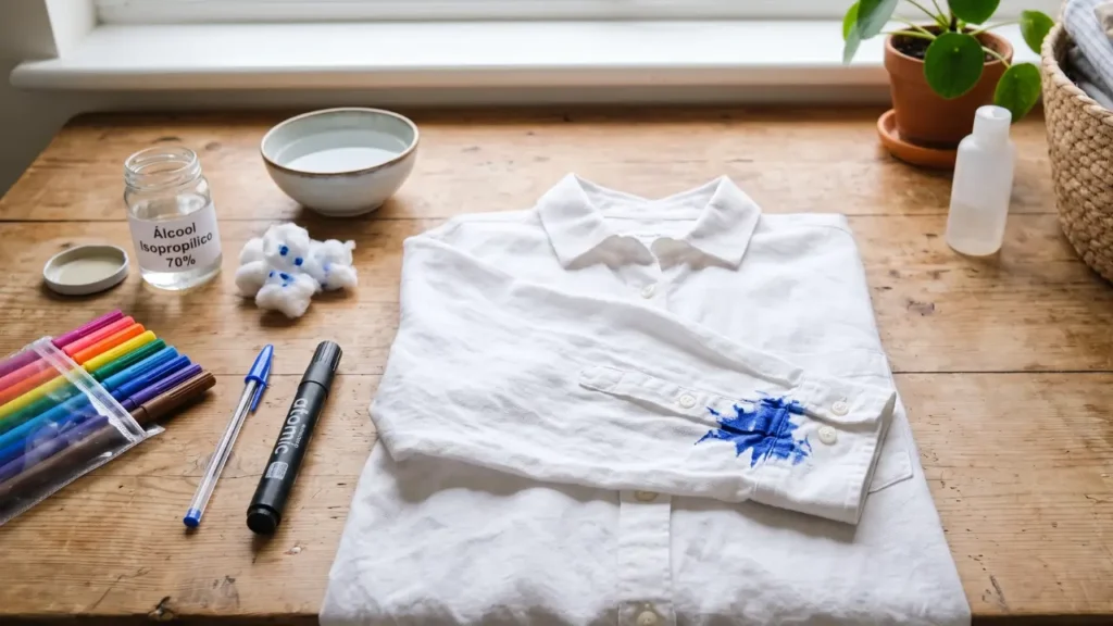 imagem de uma blusa branca com mancha de canetinha e produtos para usar como tirar mancha de caneta da roupa