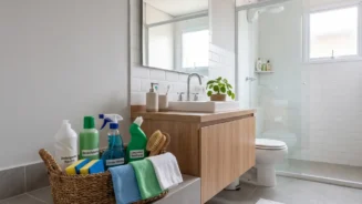 um banheiro limpo e um cesto com produtos de limpeza para banheiro