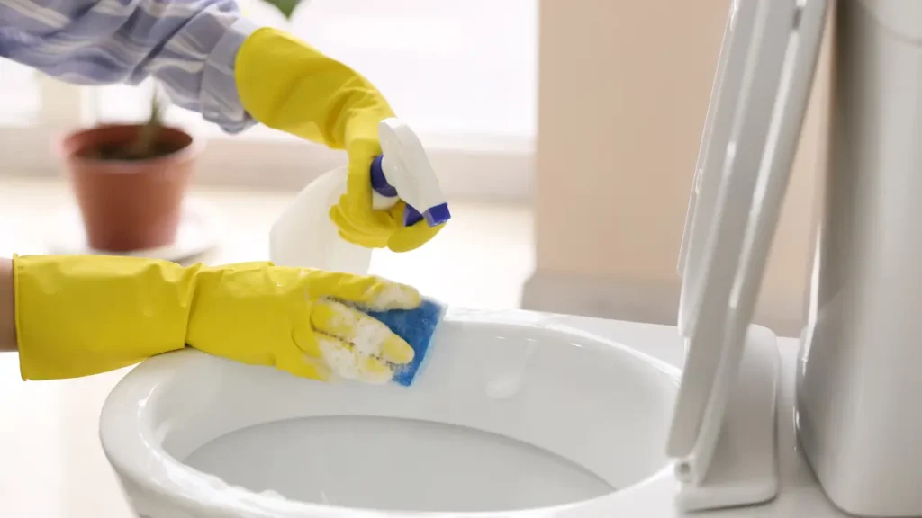 10 melhores produtos para limpar banheiro em 2026 uma pessoa usando luvas para fazer a limpeza de um vaso sanitário