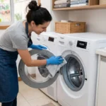 mulher limpando maquina de lavar roupas