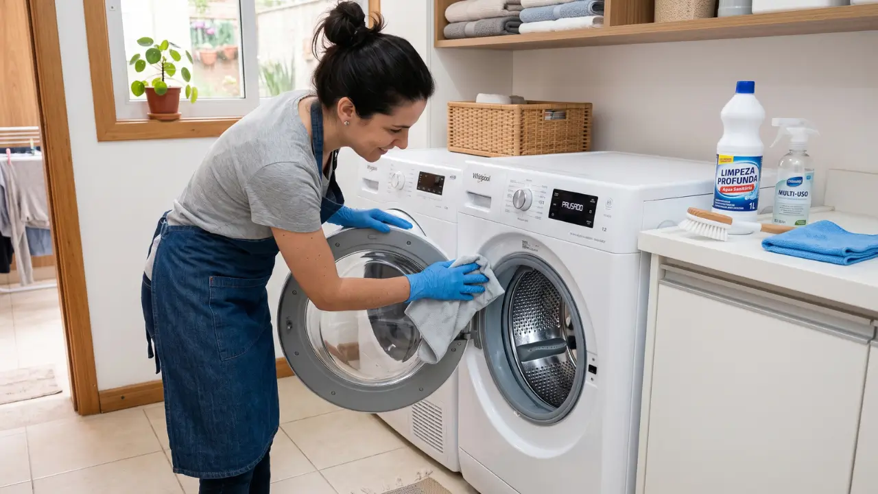 mulher limpando maquina de lavar roupas