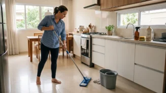 mulher limpando piso porcelanato