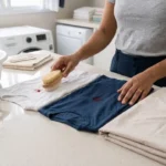 Uma pessoa preparando roupas com mancha de sangue para serem lavadas