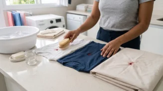 Uma pessoa preparando roupas com mancha de sangue para serem lavadas