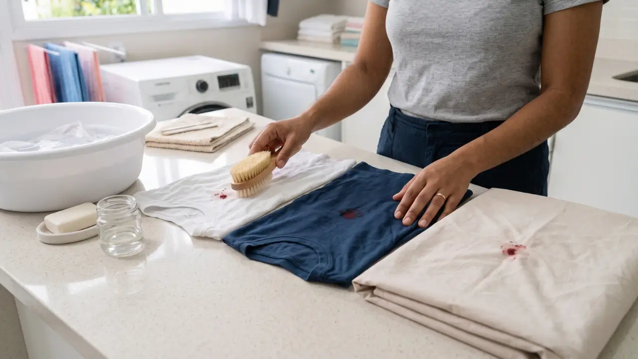 Uma pessoa preparando roupas com mancha de sangue para serem lavadas
