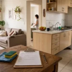 casa em conceito aberto com uma mesa, uma prancheta com caneta, pano e esponja