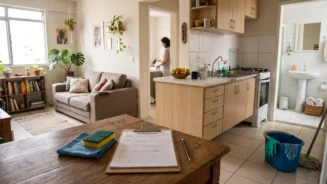 casa em conceito aberto com uma mesa, uma prancheta com caneta, pano e esponja