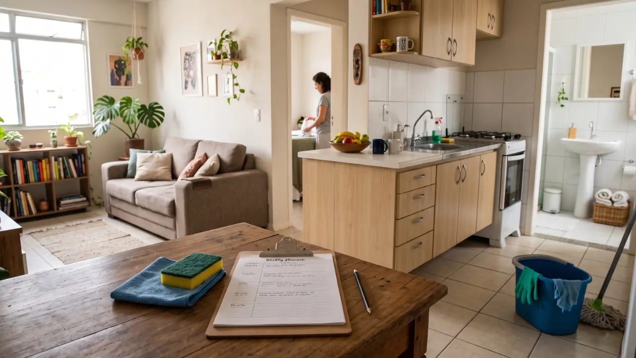 casa em conceito aberto com uma mesa, uma prancheta com caneta, pano e esponja