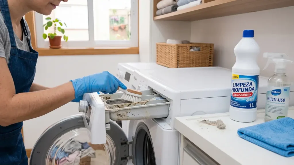 Como limpar máquina de lavar por dentro uma pessoa fazendo limpeza da maquina de lavar roupas