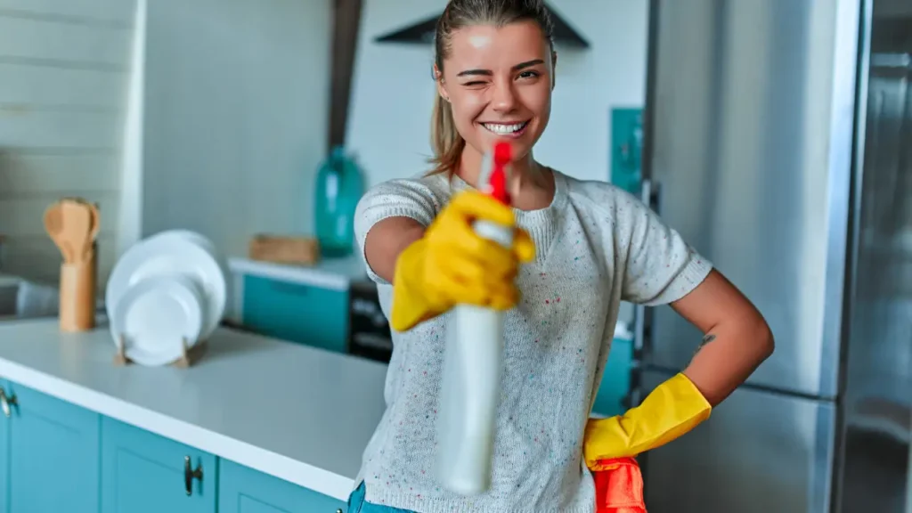 mulher usando luvas para limpeza e um produto para borrifar