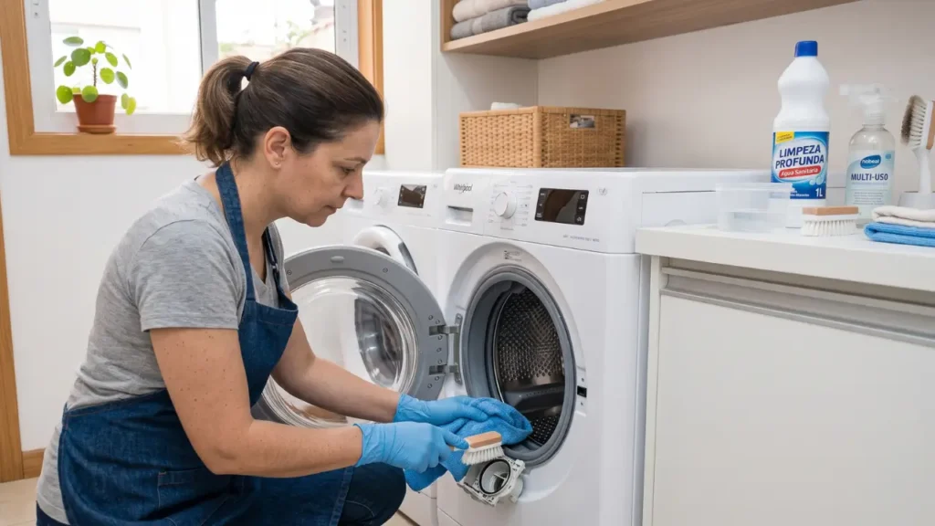 Como limpar máquina de lavar por dentro mulher fazendo limpeza na maquina de lavar roupas