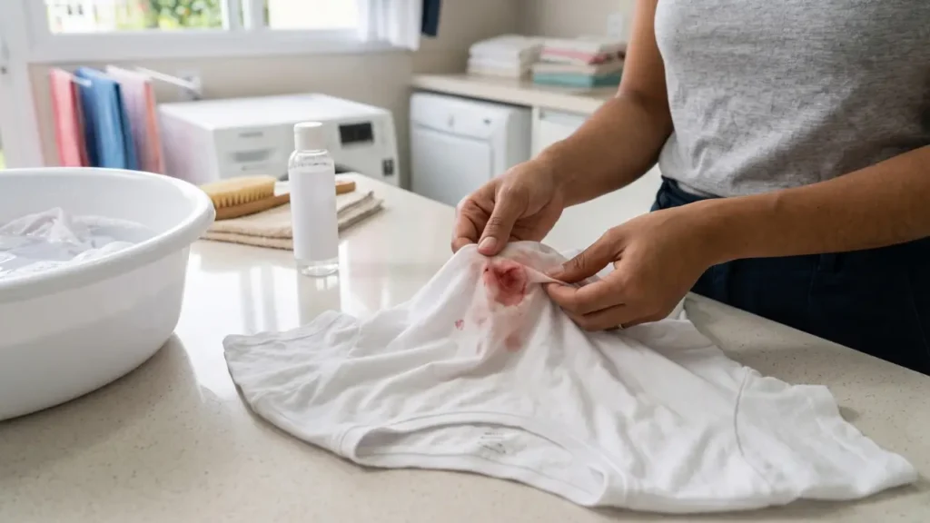 Como tirar mancha de sangue da roupa e de tecidos Uma pessoa limpando uma peça de roupa com mancha de sangue