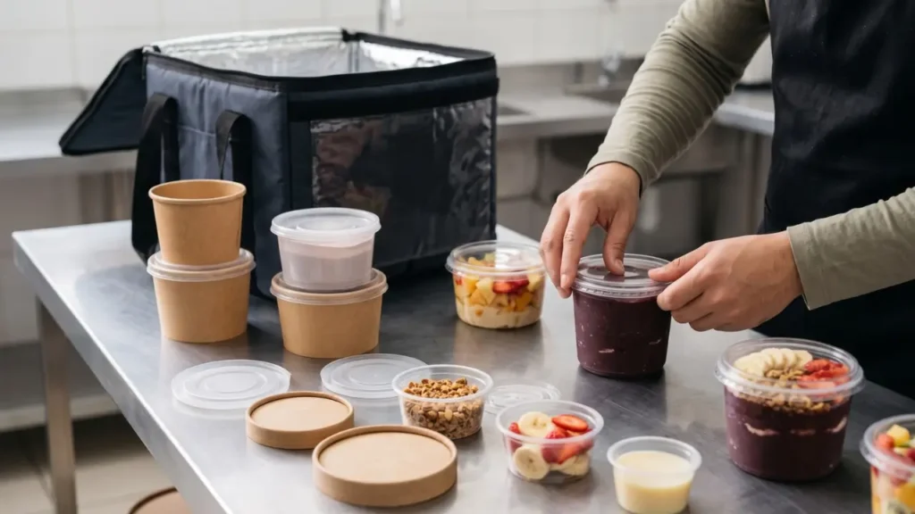 Embalagem para sobremesa e açaí: como escolher no delivery pessoa colocando açai em embalagens